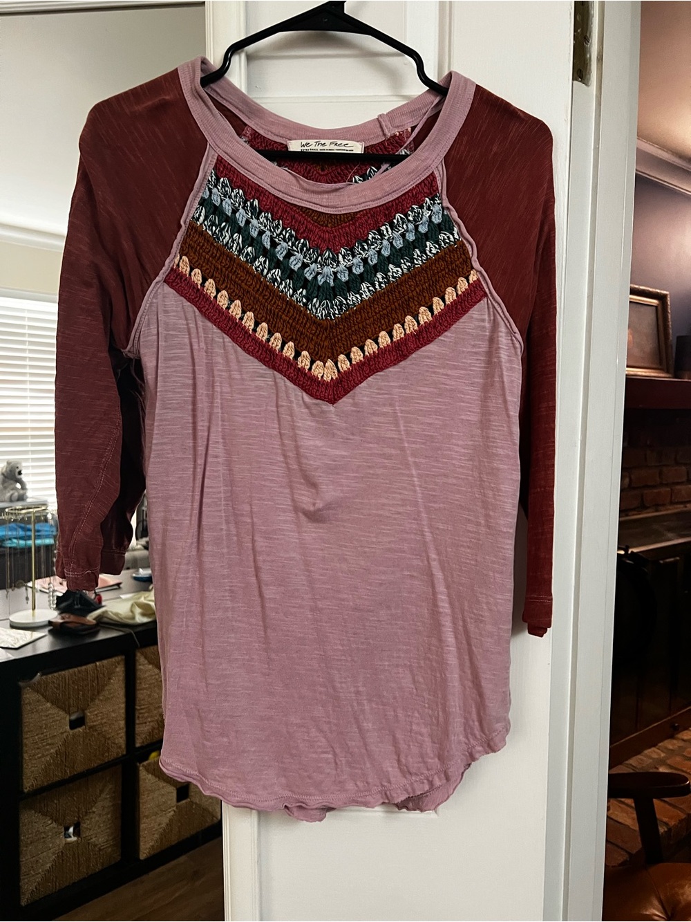 We The Free Y2K Pink and Maroon Long Sleeve Raglan Tee with Embroidered Chevron